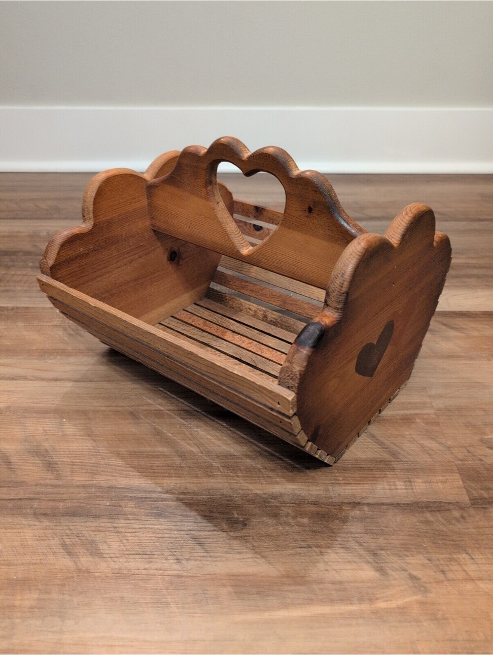 Vintage Wooden Magazine Rack Heart Cutout Basket Cottagecore Country Charm